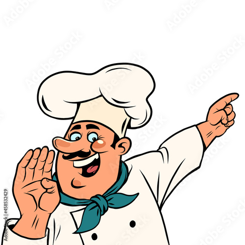 Man chef in a white cap. Smiling face. Professional points a finger Isolate on a white background
