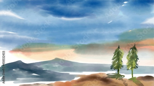 Vector illustration of tropical beach in daytime. Hand painted watercolor background.