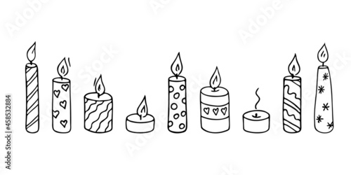 Doodle candles set.Decoration for birthday party or romantic dinner for Valentine's Day.Festive hand-drawn collection candlelight with wick and wax.Elements for creating a special atmosphere.Isolated