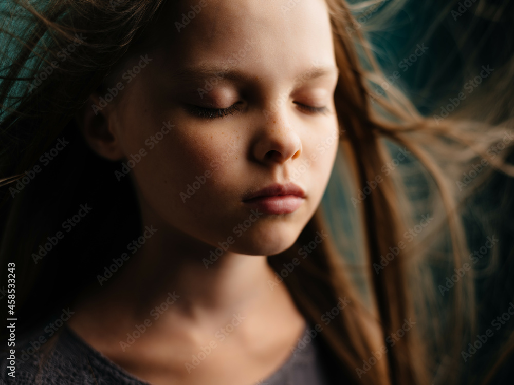 little girl loose hair face close up sad look little girl loose hair face close up sad look