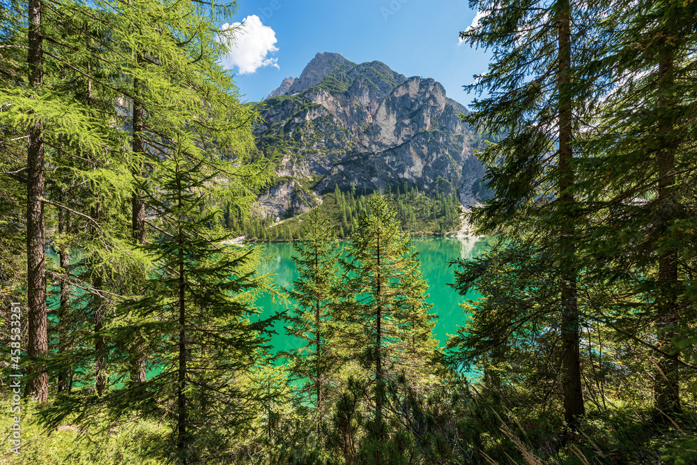 Lago di Braies or Pragser Wildsee, alpine lake and the Mountain peaks of the small and great Apostle, Dolomites, UNESCO world heritage site, South Tyrol, Trentino-Alto Adige, Bolzano, Italy, Europe.