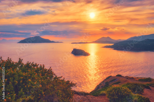 Aegean Sea with islands view on sunset