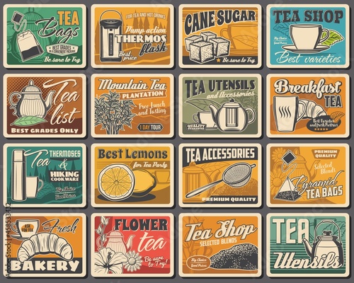 Tea blends, utensils and bakery shop retro posters set. Vacuum flasks, cane sugar and lemons, vector tea bag, glass, metal and porcelain teapot, cup, tea leaves and flowers, croissant, hiking cookware