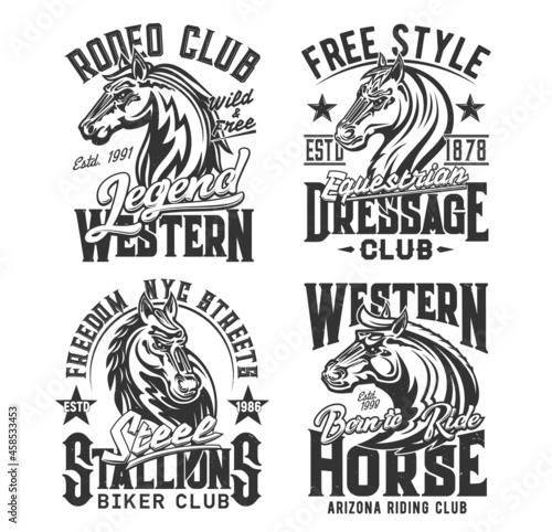 Horse t shirt prints, equestrian races and biker club vector emblem icons. Wild stallion and heraldic horse signs of Arizona horse riding, western rodeo and equine sport club quotes for t-shirt print