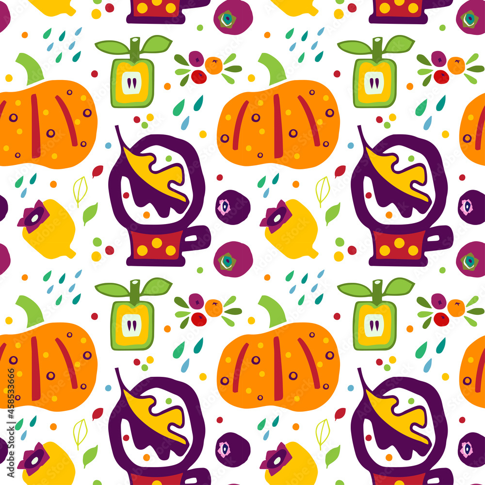 Seamless pattern with a collection of autumn pictures on a white background. Vector illustration. Illustration for wrapping paper, post cards, advertising, packaging. Seamless pattern with a collection of autumn pictures on a white background. Vector illustration. Illustration for wrapping paper, post cards, advertising, packaging.