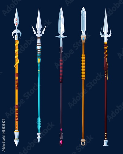 Magical cartoon steel spears and lance weapon. Medieval knight arms, vector game asset icons. Ancient warrior or royal soldier spears and javelin lances weaponry with magic gemstones and silver pikes