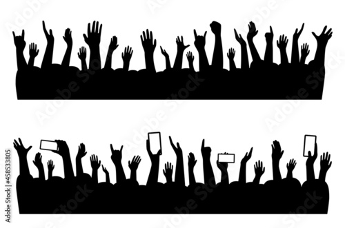 Musical concert hands of people crowd silhouette, vector music party audience background. Music band festival people hands shadow for dance or cheers on rock concert stage or show applause