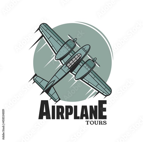 Airplane tours vector icon with vintage plane or airplane, air travel, aviation, tourism and airline flight. Retro twin engine turboprop aircraft with two propellers isolated round badge or symbol