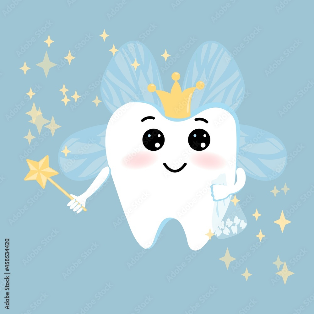 Cute cartoon tooth fairy with a magic wand on a blue background. Blue ...