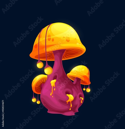 Fantasy magic toxic cap mushroom, vector cartoon icon. Luminous toxic toadstool or fairy tale magic mushroom in neon purple or pink and yellow cap with poisonous liquid drips