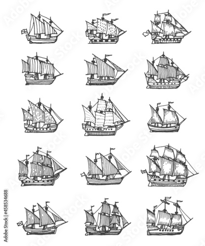Print op canvas Sail ship, sailboat and brigantine vintage sketch