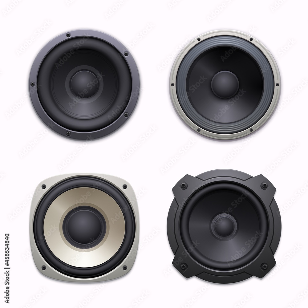 Sound speakers, stereo audio music system icons. Sound system woofers or drivers, 3d realistic vector dynamic loudspeakers with bolted round and square metal frame, rubber or foam ring, diaphragm - obrazy, fototapety, plakaty 