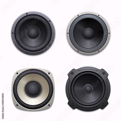 Sound speakers, stereo audio music system icons. Sound system woofers or drivers, 3d realistic vector dynamic loudspeakers with bolted round and square metal frame, rubber or foam ring, diaphragm