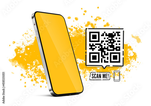 Smartphone with QR code and Scan Me label in a vibrant yellow paint splash background. Vector template ideal for mobile app presentation, digital promotion, or contactless marketing visuals.