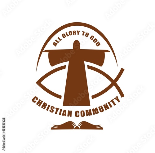 Christian community icon of Jesus Christ and fish ichthys religious vector symbol. Christianity religion and church sign of orthodox baptism and evangelism, holy bible, god and or ichthus fish