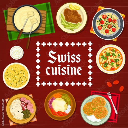 Swiss cuisine restaurant meals and dishes menu cover. Schnitzel, Minestrone soup and potato Fritter Rosti, risotto, sausages and ravioli, Raclette with potatoes and cucumbers, cheese fondue vector