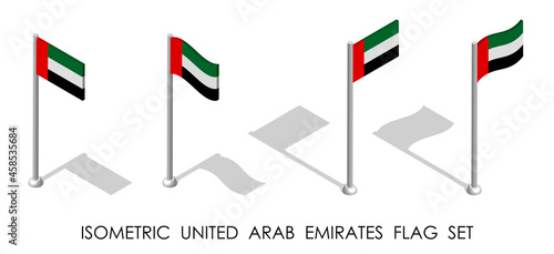isometric flag of UNITED ARAB EMIRATES in static position and in motion on flagpole. 3d vector