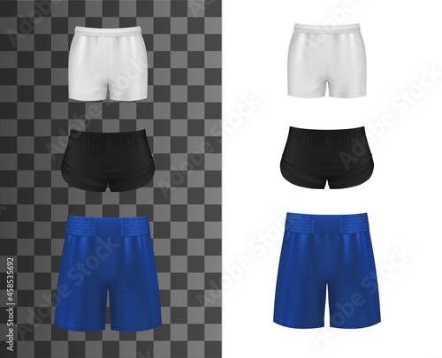 Athletic shorts, realistic clothes or sport pants, vector mockup template. Sport shorts for soccer, basketball or football, men uniform or women sportswear apparel, black, blue and white tennis shorts
