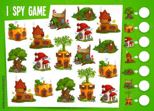 Fairy houses and dwellings kids spy game. Vector educational test with cute fantasy homes stump, mushroom, pumpkin, carrot and boot or tree and hillock. Math child riddle worksheet cartoon design