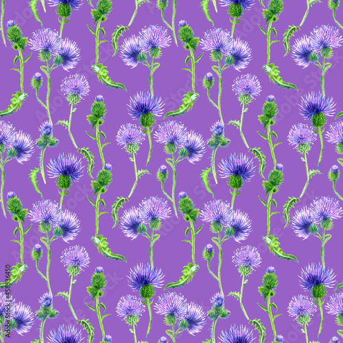 Seamless pattern composed of wildflower of burdock drawn by markers on violet background. For fabric, sketchbook, wallpaper, wrapping paper.