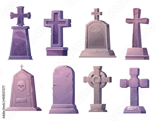 Cartoon stone grave crosses and gravestones. Graveyard crosses and scary tombstones, cemetery vector gothic gravestones with human skull, plate and cracks, celtic ringed high cross on pedestal