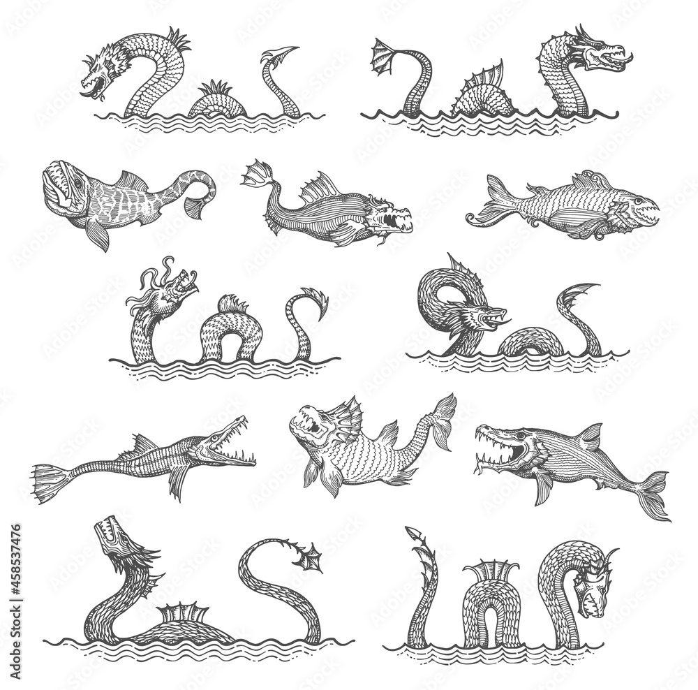 Ancient sea serpent, dragon, leviathan animals sketch. Sea monsters, engraved vector ocean deep legendary beasts, mythological snakes and fishes. Vintage maritime map hand drawn elements