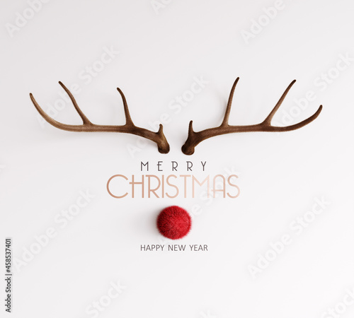 Reindeer with red nose with Merry Christmas text on white background 3D Rendering, 3D Illustration