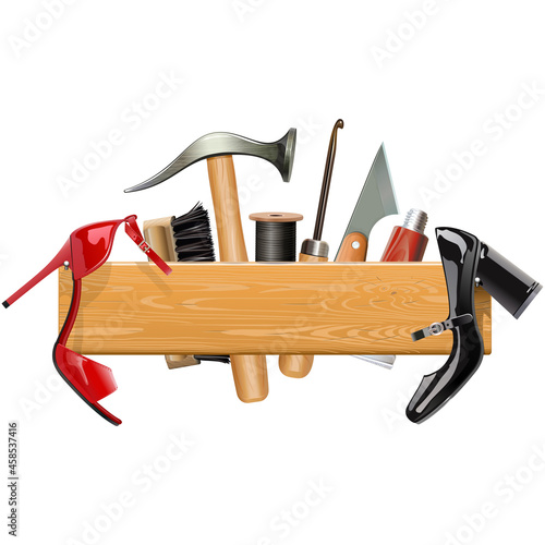Vector Wooden Board with Cobbler Tools
