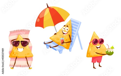 Mexican nachos chips on summer beach leisure. Happy vector tex mex cartoon characters in sunglasses tanning on chaise lounge, drinking cocktail. Vacation fun, relax and recreation outdoor activity