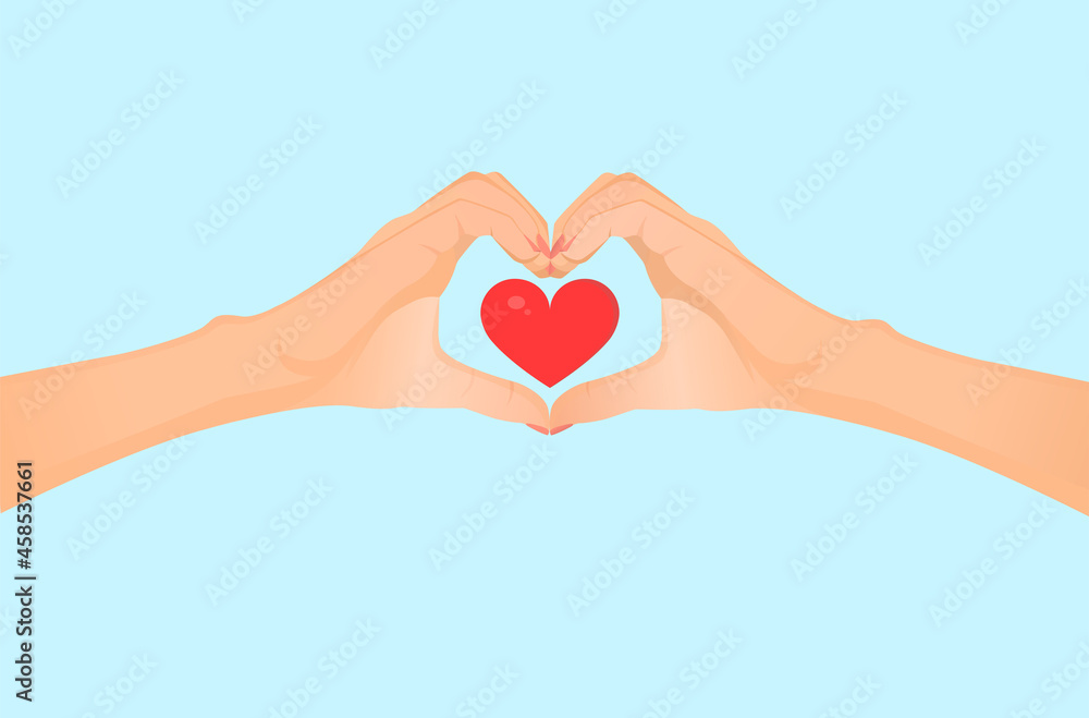 Two hands in the form of a heart on a blue background.  flat illustration for postcard, valentine, love, medicine, coronavirus