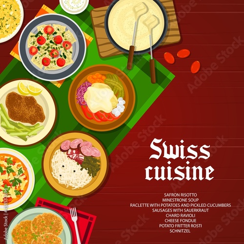 Swiss cuisine restaurant dishes menu cover. Cheese fondue, schnitzel and saffron risotto, Minestrone soup, Raclette with potatoes and pickled cucumbers, ravioli, Fritter Rosti and sausages vector