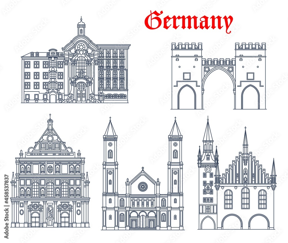 Germany, Munich architecture buildings and travel landmarks, vector. German St Ludwig kirche, Saint. Michael Jesuit church, Karlstor gates or Neuhauser Tor, Old Town Hall and Asam Church or Asamkirche