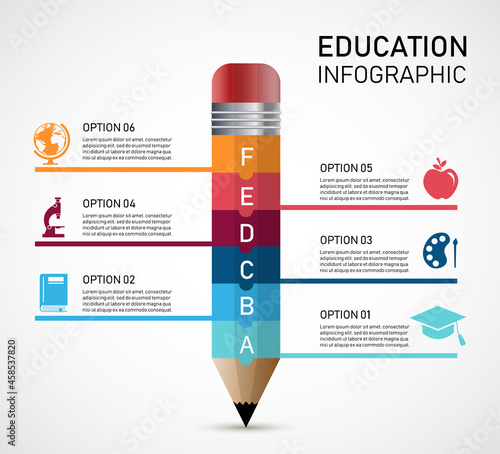 Education pencil infographics 6 option. vector illustration modern flat design. can be used for workflow layout, diagram, web design. Learning symbols and schools. isolated on white background.
