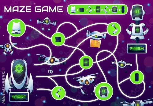 Kids maze game with repair a robot labyrinth. Vector logic puzzle or riddle with find right way task, cartoon map with ai robots, drones, android bots and quadcopters, droids and robotic spare parts