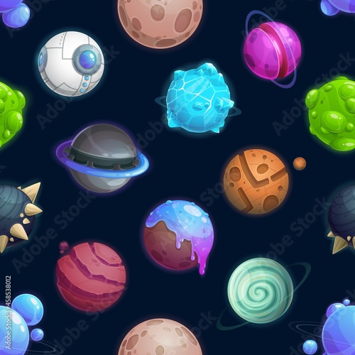 Cartoon space planets and stars seamless pattern, vector galaxy background. Fantasy space planets with alien planets of ice or fire, ufo spaceship and fantastic extraterrestrial satellites pattern