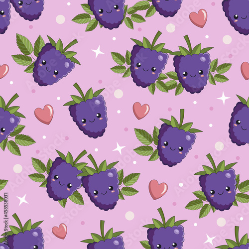 Cute cartoon berries of bramble, dewberry, blackberry with smiling faces, leaves and hearts, seamless vector background. Romantic pattern with brambles and dewberries in love are looking to each other