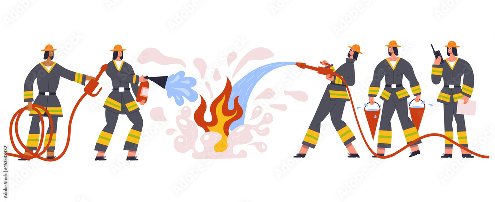 Fototapeta premium Firefighters team characters rescue and emergency service. Firemen emergency team watering fire, fighting with blaze vector illustration set. Brave firefighters group