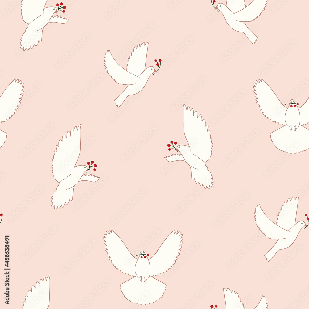Peace doves with berry branches pattern repeat in pink background. Fabric seamless pattern botanical print background design. Vector illustration. Surface pattern design. Great for kids, clothing and Peace doves with berry branches pattern repeat in pink background. Fabric seamless pattern botanical print background design. Vector illustration. Surface pattern design. Great for kids, clothing and