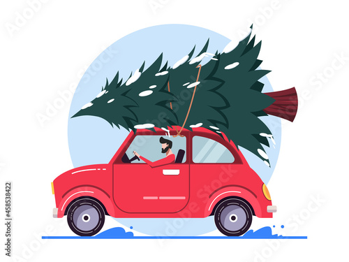 Merry Christmas Illustration. Man driving car carries a christmas tree