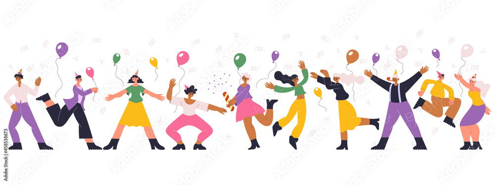 Happy dancing celebrating birthday party holiday people. Dancing festive characters, birthday or new year celebration vector illustration. Joyful celebrating people