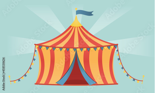Circus tent orange, red. On blue background.