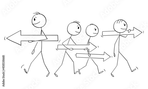 Individuality Choosing Different Way from the Group, Vector Cartoon Stick Figure Illustration