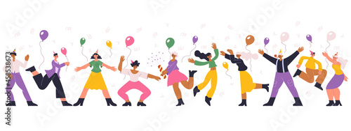 Happy dancing celebrating birthday party holiday people. Dancing festive characters, birthday or new year celebration vector illustration. Joyful celebrating people