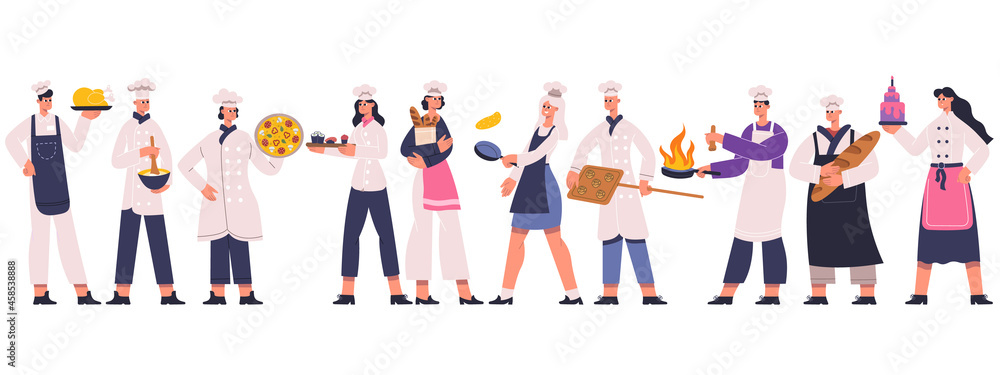 Professional restaurant chefs, cook and sous chef characters. Culinary chef, sous chef, baker team, restaurant workers vector Illustration. Food industry chef characters