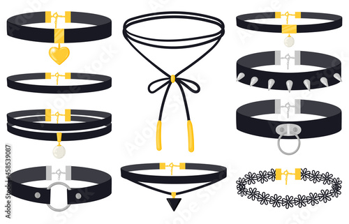 Cartoon women fashion jewel accessories choker necklaces. Modern women jewellery necklaces, gold silver gemstone choker pendants vector illustration set. Choker necklaces
