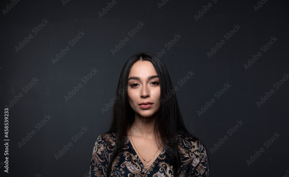 Elegant attractive woman with pergect skin and natural make up against. Banner with copy space.