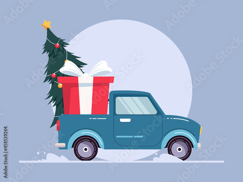 Merry Christmas and Happy New Year. pickup truck with christmas tree and gift box