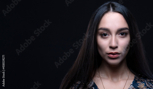 Elegant attractive woman with pergect skin and natural make up against. Banner with copy space.