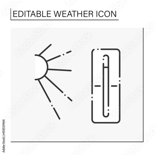 Thermometer line icon. Hot weather outside. Nice sunny day. High temperature. Swelter . Heat. Summer day.Weather concept. Isolated vector illustration. Editable stroke