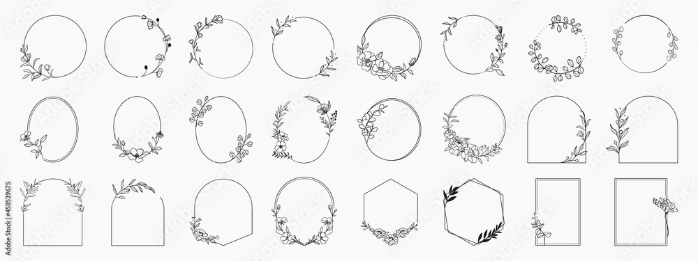 Wedding logo. Laurels frames branches with circle and geometric shape borders vector. Floral wreaths with leaves , flower, herb, ornate. Decorative elements wedding invitation, banner and packaging - obrazy, fototapety, plakaty 